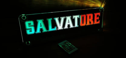Illuminated LED truck name sign with suction cups, personalized with colorful lettering, ideal for creating a cozy cabin atmosphere.