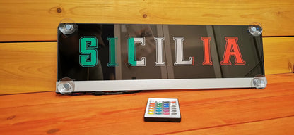 Custom LED truck nameplate with suction cups, featuring 'SICILIA' design and remote control.