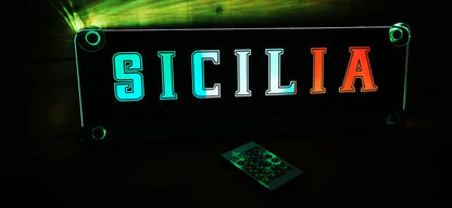 Illuminated LED LKW nameplate with the word 'SICILIA' and remote control.