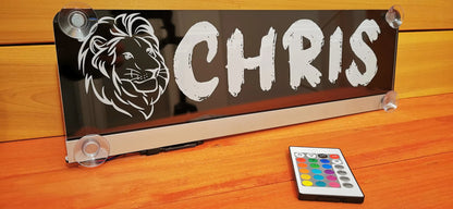 Elegant LED truck nameplate with 'Chris' and lion design, features suction cups and includes a multi-color remote control.