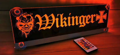 Custom LED truck nameplate with suction cups, featuring 'Wikinger' design and remote control for color settings.