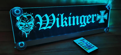 LED Namensschild für LKW mit Wikingermotiv, Saugnapf, beleuchtet, Fernbedienung inklusive. Perfekt als Nachtlicht oder Showtruck-Dekor.