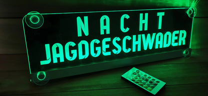 Illuminated LED nameplate with remote, featuring "Nachtjagdgeschwader" text, suitable for truck display or decorative use.