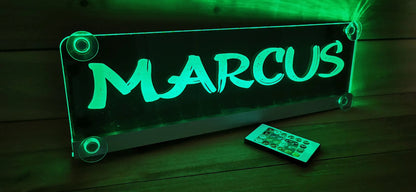 Illuminated LED truck name sign with suction cups, featuring customizable design and remote control, suitable for show trucks and night lighting.