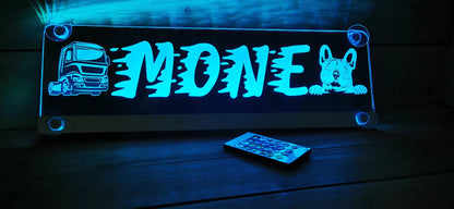 Illuminated LED truck nameplate with suction cups, customized design featuring a truck and dog, ideal for personalizing your cabin.